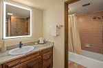 The second bathroom has a single vanity, shower/bathtub combo